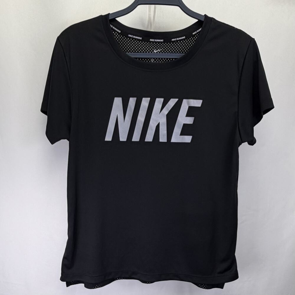 Nike Running T-Shirt‎ Womens Medium Black Mesh Back Iridescent Logo Short Sleeve